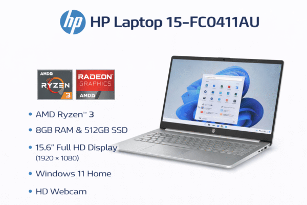 HP 15-FC0411AU ek reliable aur powerful laptop hai jo students, office professionals aur home users ke liye specially design kiya gaya hai. Is laptop me AMD Ryzen 3 processor, 8GB RAM aur 512GB SSD ka combination diya gaya hai jo everyday tasks ko smooth aur fast banata hai.