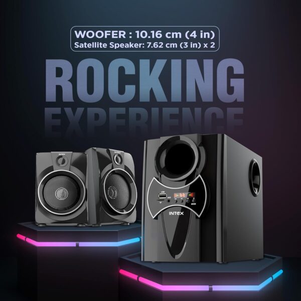 Brand Intex Specific Uses For Product Home Entertainment, Personal Audio, Party, Pro Audio Speaker Maximum Output Power 70 Watts Frequency Response 20 KHz Connectivity Technology BT/USB/FM/AUX/TF About this item A PREMIUM 4.1 Pro 70W Home Theater with Included Subwoofer deep experience, rich bass to make movies and music truly come to life with Powerful full range drivers Deep Bass with Dedicated Subwoofer: A dedicated subwoofer delivers punchy, rich bass to get a more engaging and immersive listening experience in movies, music, and games. Undoubtedly, the dedicated subwoofer cavity space is big enough to reproduce deeper, richer bass than most systems with a built-in subwoofer. Multiple Playback Options: Supports FM radio, USB drive, and AUX input for versatile multimedia entertainment. Stream music wirelessly from your smartphone, tablet, laptop, or smart TV with ease. Music, Movie and TV shows modes adjusted by using the remote control included. You can also control the volume, switch between different modes with buttons. Remote control is not compatible with universal or TV remotes. Compact and Versatile Design: Designed to fit seamlessly into any space, The satellite speakers can be conveniently placed on your desk or mounted on walls, while the subwoofer provides room-filling bass without taking up too much space