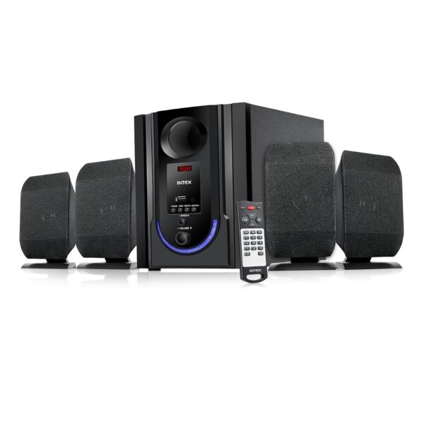 Brand Intex Specific Uses For Product Home Entertainment, Personal Audio, Party, Pro Audio Speaker Maximum Output Power 70 Watts Frequency Response 20 KHz Connectivity Technology BT/USB/FM/AUX/TF About this item A PREMIUM 4.1 Pro 70W Home Theater with Included Subwoofer deep experience, rich bass to make movies and music truly come to life with Powerful full range drivers Deep Bass with Dedicated Subwoofer: A dedicated subwoofer delivers punchy, rich bass to get a more engaging and immersive listening experience in movies, music, and games. Undoubtedly, the dedicated subwoofer cavity space is big enough to reproduce deeper, richer bass than most systems with a built-in subwoofer. Multiple Playback Options: Supports FM radio, USB drive, and AUX input for versatile multimedia entertainment. Stream music wirelessly from your smartphone, tablet, laptop, or smart TV with ease. Music, Movie and TV shows modes adjusted by using the remote control included. You can also control the volume, switch between different modes with buttons. Remote control is not compatible with universal or TV remotes. Compact and Versatile Design: Designed to fit seamlessly into any space, The satellite speakers can be conveniently placed on your desk or mounted on walls, while the subwoofer provides room-filling bass without taking up too much space