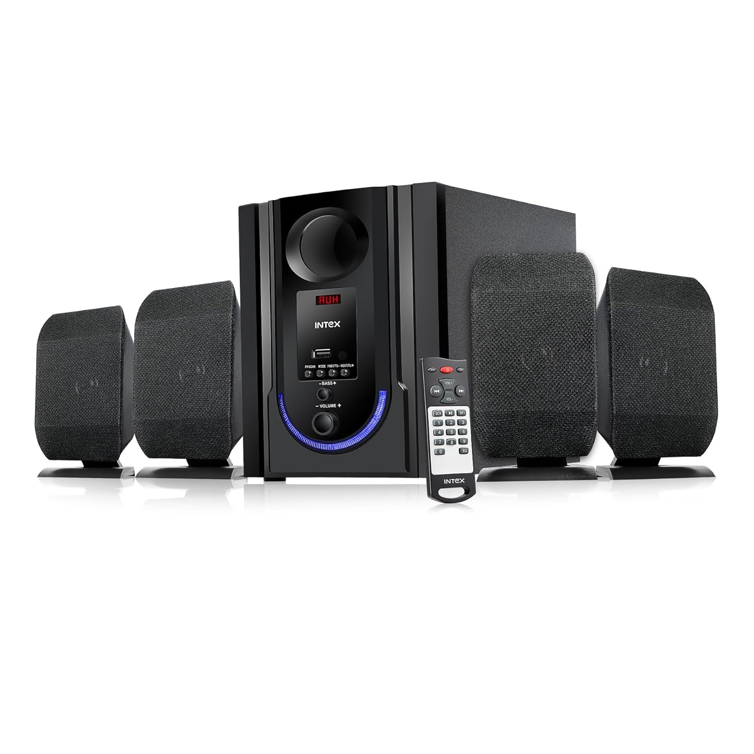 Brand Intex Specific Uses For Product Home Entertainment, Personal Audio, Party, Pro Audio Speaker Maximum Output Power 70 Watts Frequency Response 20 KHz Connectivity Technology BT/USB/FM/AUX/TF About this item A PREMIUM 4.1 Pro 70W Home Theater with Included Subwoofer deep experience, rich bass to make movies and music truly come to life with Powerful full range drivers Deep Bass with Dedicated Subwoofer: A dedicated subwoofer delivers punchy, rich bass to get a more engaging and immersive listening experience in movies, music, and games. Undoubtedly, the dedicated subwoofer cavity space is big enough to reproduce deeper, richer bass than most systems with a built-in subwoofer. Multiple Playback Options: Supports FM radio, USB drive, and AUX input for versatile multimedia entertainment. Stream music wirelessly from your smartphone, tablet, laptop, or smart TV with ease. Music, Movie and TV shows modes adjusted by using the remote control included. You can also control the volume, switch between different modes with buttons. Remote control is not compatible with universal or TV remotes. Compact and Versatile Design: Designed to fit seamlessly into any space, The satellite speakers can be conveniently placed on your desk or mounted on walls, while the subwoofer provides room-filling bass without taking up too much space